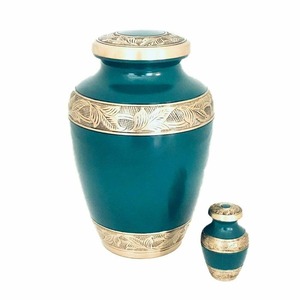 Urn Round Crackled <b>Teal</b> Floral Embossed Handmade Sympathy Decorative <b>Vase</b> Traditional Classic Style - Product Image 3