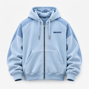 เสื้อฮู้ดซิปสีฟ้าอ่อนสำหรับผู้ชาย ผ้าฟลีซทรงโอเวอร์ไซส์ สไตล์สตรีทแวร์ แจ็คเก็ตลำลอง เสื้อสเวตเชิ้ต สปอร์ตแวร์ รับทำแบรนด์ตามสั่ง ขายส่ง - Product Image 2