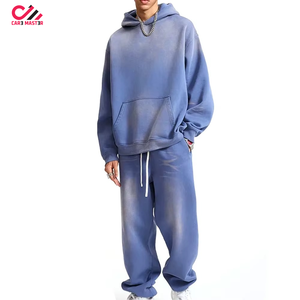 Ensemble de survêtement délavé pour homme, manches longues, couleur unie, coupe décontractée, sweat-shirt et pantalon en coton avec cordon de serrage et poches - Product Image 1