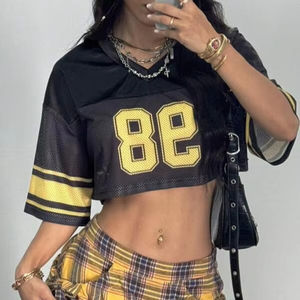 เสื้อฟุตบอลครอปตาข่ายสีดำแบบซับลิเมชั่น หมายเลข 98 สำหรับผู้หญิง สตรีทแวร์ รับผลิตแบบ OEM แบรนด์ส่วนตัว ขายส่งจากโรงงาน - Product Image 5