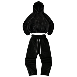 Customized Solid Black Unisex <b>Oversized</b> Hoodie <b>Jogger</b> Set Custom Logo Cotton Tracksuit Casual Streetwear Two Piece Sweat Suit - Product Image 2