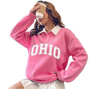 Pull rose à imprimé lettres pour femme, col boutonné, manches longues, style preppy, collection automne, prix de gros - Product Image 1