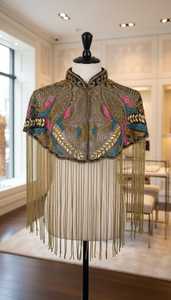 Luxury Gold Hand Embroidered Beaded Fringe Cape Blouse Designer Sequin Tassel Shoulder Collar <b>Top</b> for Wedding & Stage Wear - Product Image 3