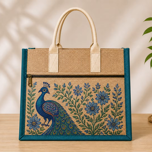 custom laminated jute tote <b>bag</b> <b>peacock</b> print eco friendly reusable shopping <b>bag</b> zipper pocket cotton handle wholesale - Product Image 1