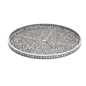 Handmade Mother Of Pearl Inlay Round Serving Tray Luxury <b>Grey</b> Floral Pattern Mop <b>Coffee</b> <b>Table</b> Decor & Serve Ware Decorative Tray - Product Image 1