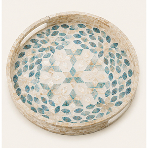 Plateau de service rond artisanal en nacre avec poignées intégrées, mosaïque bleue, décoratif pour table basse - Product Image 3