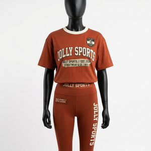 Ensemble haut et legging pour femme en coton, polyester et élasthanne 220 GSM, couleur brun rouille, vêtements de sport, impression personnalisée du logo, ensembles pour femmes - Product Image 4