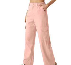 Pantalones Cargo de Cintura Alta para Mujer, Color Azul Claro Sólido, Corte Holgado, Cintura Elástica, Largos, Casuales, Transpirables, de Tela Tejida para Verano - Product Image 6