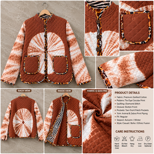 เสื้อแจ็คเก็ตผ้าควิลท์ลายไทไดสำหรับผู้หญิง ขายส่ง งานฝีมือ ผ้าฝ้ายสีน้ำตาล เสื้อโค้ทฤดูหนาว คอตั้ง แต่งลายเสือ บุผ้าอุ่น - Product Image 2