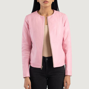 Chaqueta de Moto de Cuero Sintético Rosa con Cierre de Cremallera, Cuello Redondo, Manga Larga, Largo Regular, para Otoño, Chaqueta para Mujer - Product Image 3