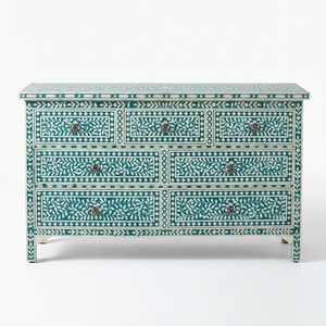 Custom Luxury <b>Blue</b> Bone Inlay <b>Bedside</b> <b>Table</b> with 2 Drawers Handmade Inlay Furniture Floral Pattern Nightstand for Bedroom Hotel - Product Image 4