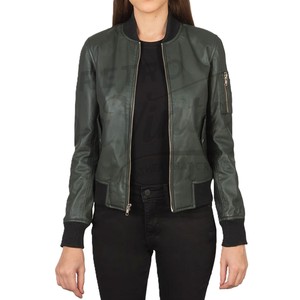 Women Dark Green Real <b>Leather</b> Bomber <b>Jacket</b> Slim Fit MA1 Style Premium Sheepskin Casual Winter Varsity Outerwear - Product Image 1