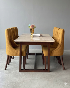 Ensemble de table à manger scandinave moderne de luxe avec plateau en marbre et chaises rembourrées en teck massif pour appartement, hôtel, Indonésie - Product Image 2
