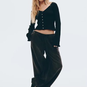 Pantalones rectos retro de mezclilla vintage lavados y desgastados para mujer, de cintura alta, holgados, estilo cargo, de mezclilla, de moda - Product Image 3