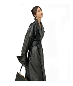 Women's Black PU <b>Leather</b> <b>Long</b> Trench Coat With Belt Turn-down Collar Full Sleeve Autumn Style Minimalist Design - Product Image 5
