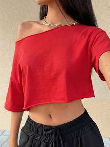 Asymmetrical Off‑Shoulder Cropped T-Shirt Short Sleeves women's shirt Soft Cotton Tee Flat Finish DTF Custom Minimalist Branding - Product Image 4