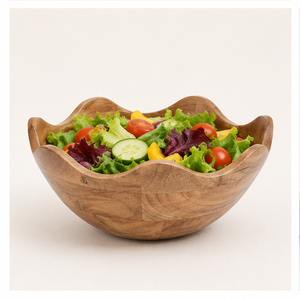 Bol de service décoratif en bois de manguier artisanal, bord ondulé doré, bord festonné, écologique, style farmhouse moderne, pour fruits et salades, pour la maison - Product Image 6
