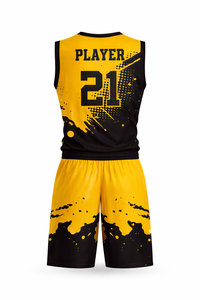 Ensemble d'uniformes de basketball personnalisés par sublimation, maillot jaune et noir, short, nom de l'équipe 21, polyester respirant, adulte unisexe - Product Image 2