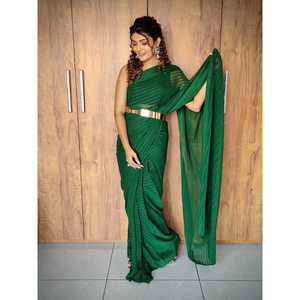 Sari fourreau tendance prêt-à-porter avec doublure tissée Zari en tissu Georgette, taille naturelle, grandes tailles - Product Image 1