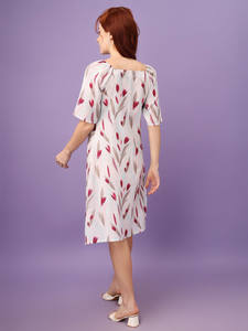 Vestido Midi Formal Georgette Blanco con Estampado Floral y Botones para Mujer, Personalizable para Bodas y Fiestas de Cóctel, Manga Tres Cuartos - Product Image 4