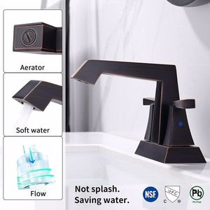 Rubinetto per lavabo bagno in bronzo oliato a 2 maniglie, con design a 3 fori e scarico a scomparsa, interasse 4 pollici - Product Image 5