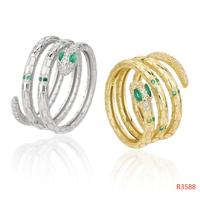 Three Coil Snake 925 Sterling Silver Zircon Ring with Green Eye Stones Clear Head Accents and Scale Detail