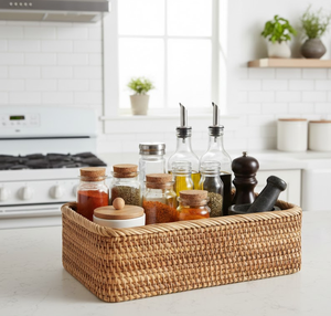 Cesta rectangular de ratán natural tejida a mano, organizador multiusos de mimbre para baño, cocina, sala de estar, de Vietnam. - Product Image 5