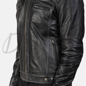 Veste en cuir noir pour homme, style motard, avec ceinture, manteau d'hiver en peau de mouton véritable, doublure en polaire chaude, double boucle, vêtement d'extérieur - Product Image 1