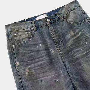 Jean droit décontracté en coton pour homme, taille moyenne, noir et bleu délavé, respirant et léger, avec logo personnalisé - Product Image 4