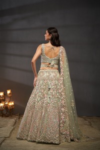 Pink Beaded Lehenga Choli <b>Net</b> Unstitched Wedding Outfit Two Piece Bridal Set for Women - Product Image 3