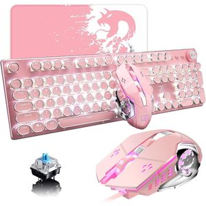 Combo Tastiera e Mouse da Gaming Meccanico Retrò Rosa, 104 Tasti Anti-Ghosting, Retroilluminazione LED Blu, Stile Macchina da Scrivere - Product Image 1