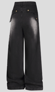 กางเกงทำงานทรงหลวมระบายอากาศได้ดี น้ำหนักปานกลาง สไตล์วินเทจสั่งตัดพิเศษสำหรับผู้ชาย สีดำ ตกแต่งด้วยผ้าปะต่อหลายส่วน ลุคทำสีซีดแบบวินเทจ - Product Image 3