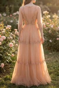 Robe de soirée en tulle perlé couleur pêche, fabricant, vente en gros, robe de bal superposée, fournisseur en gros, usine OEM personnalisée - Product Image 3