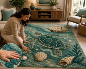 Tapis Tortue Marine, Tapis en Laine Coquillage, Tapis Tortue Marine Bateau Perle, Tapis Tufté Fait Main, Tapis en Laine Douce, Tapis Décoratif Maison de Plage - Product Image 3
