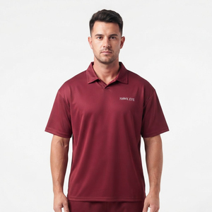 T-shirt décontracté pour homme, motif uni, tricoté, coupe ample, style polo, manches courtes, avec logo personnalisé - Product Image 5