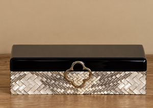 Black Lacquered Glass Jewelry Storage <b>Box</b> with Woven Mother of Pearl Inlay Nickel Emblem <b>Soft</b> Felt Interior Keepsake Organizer - Product Image 1