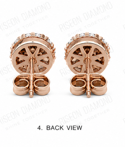 Elegant floral inspired halo diamond stud earrings in 18K <b>rose</b> gold with round center stone and petal accent diamonds for sparkl - Product Image 2