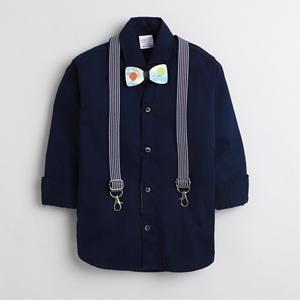 Polka Tots Party wear Chemise avec jarretelles et noeud papillon en bois-Bleu Marine - Product Image 1