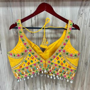 Yellow Embroidered Loose Woven Abaya Blouse Satin Front Logo Modest Women Party <b>Top</b> <b>Beaded</b> Mirror Detail - Product Image 1