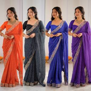 Leheriya Print Modern Women's Georgette <b>Saree</b> Heavy Embroidered Border Traditional Indian Party Wear Wrinkle Free Stretchable - Product Image 5