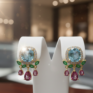 Boucles d'oreilles en argent sterling 925 plaqué or 18 carats avec topaze bleue, améthyste bleue hydro et zircon cubique vert, 10 mm, 12 g, cadeau pour elle - Product Image 4