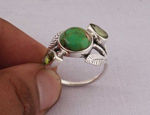 Natural Green Copper <b>Turquoise</b> Bezel Setting Leaf <b>Ring</b> 925 Sterling Silver Classic Organic Leaf Design Gemstone <b>Ring</b> - Product Image 3