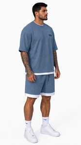 ONETEN APPAREL Conjunto de Dos Piezas para Hombre, Camiseta de Manga Corta con Cuello Redondo Azul Grisáceo y Pantalones Cortos con Ribete en Contraste - Product Image 4