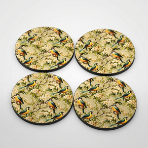 REHMAN CRAFT Ensemble de sous-verres en MDF faits à la main avec un motif moderne d'oiseaux et de fleurs, design botanique rond, diamètre 9 cm, épaisseur 3 mm - Product Image 1