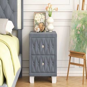 Elegant Grey Button Tufted Nightstand with <b>2</b> <b>Drawers</b> and Crystal Handle <b>Storage</b> Bedside Table - Product Image 6