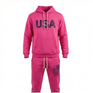 Unisex <b>Pink</b> <b>Tracksuit</b> <b>Set</b> Hooded Full Sleeve USA Print Casual Sportswear Autumn Wear Breathable Cotton Regular Fit - Product Image 1