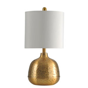 Hammered Metal Cone Table <b>Lamp</b> With Oyster Linen <b>Drum</b> <b>Shade</b> Luxury Brass Finish Home Decor Lighting Fixture For Living Room Use - Product Image 3