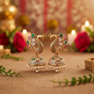 Antique Style Jumki Earrings-Gold Plated Brass Zircon Pearl Diamond-Vintage Ethnic Bohemian Religious Design for Party Wedding - Product Image 3