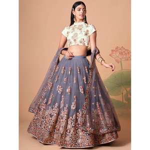 Endearing Grey Evening <b>Dress</b> Mirror Work Net Lehenga Choli with Dupatta - Product Image 2