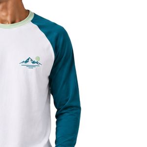 <b>White</b> And Teal Blue Raglan Long Sleeve T Shirt Men Premium Cotton Crew Neck Graphic Baseball Tee Custom OEM Streetwear Apparel - Product Image 4